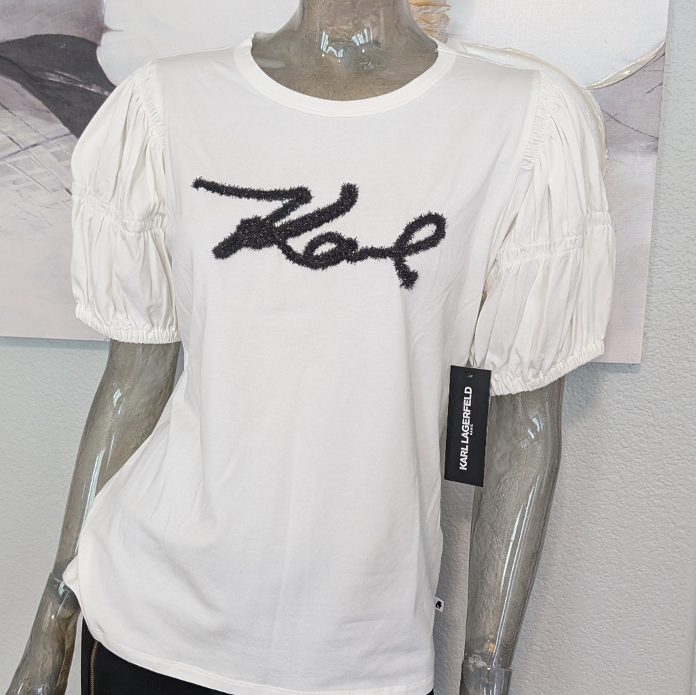 Karl Lagerfeld Paris Puff Sleeve Sparkle Logo Shirt Size Medium Nwt ❤️